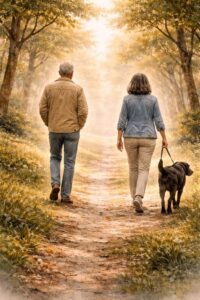 A group of people walking in the grass